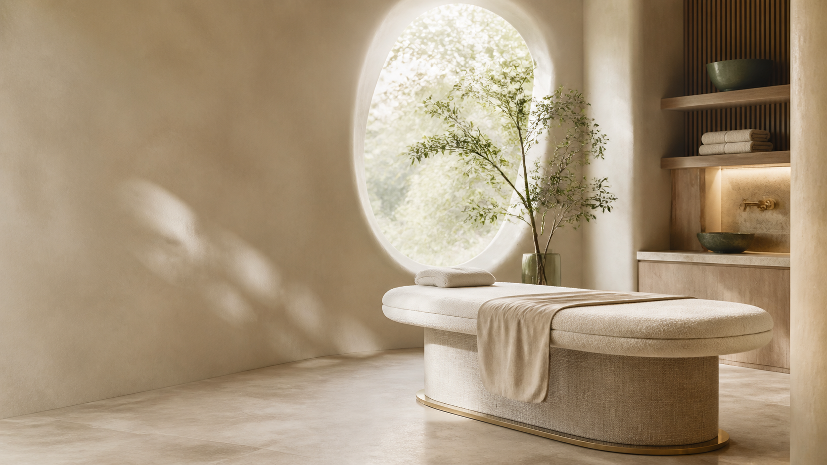 Serene, light-filled spa treatment room with warm natural finishes
